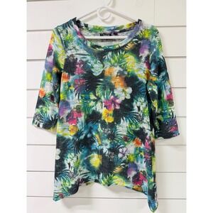 Onque Casual Womens Medium Tropical Floral Knit Top 3/4 Sleeve Sharkbite Hem